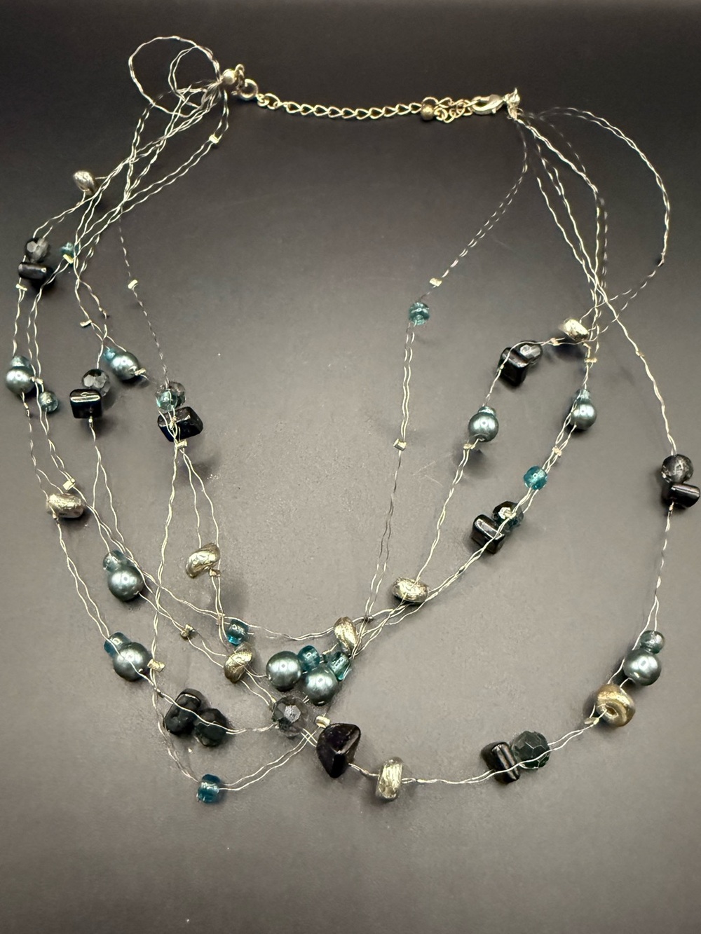 Avon Multi-Strand Necklace with Faux Pearls, Stones, Blues in Silver Tone